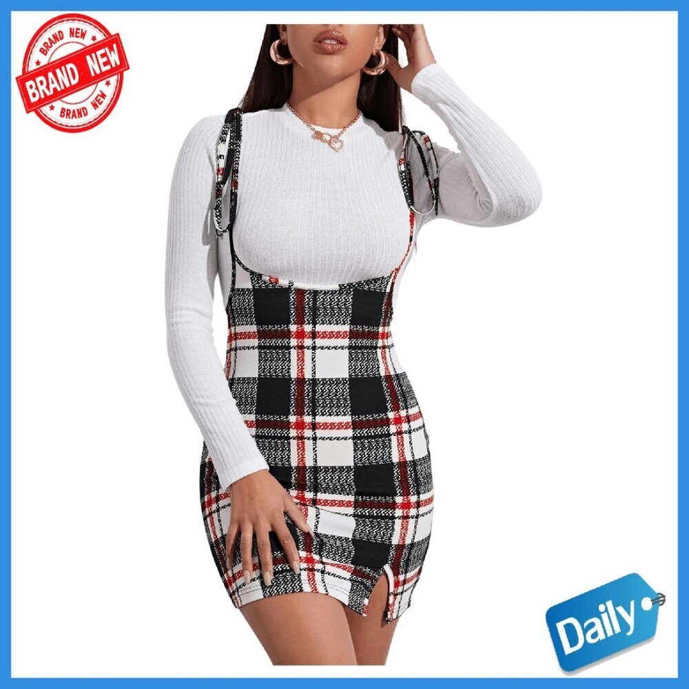 Suspender Plaid Bodycon Mini Dress with Split Hem & Tie Shoulder